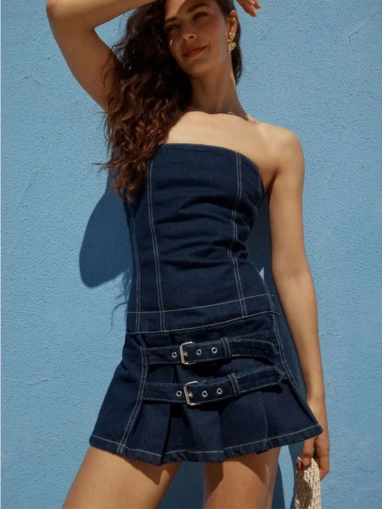 Strapless Blue Denim Mini Dress with Belt Details - Picture 5 of 13